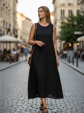 Women's Sleeveless Black Midi Dress - Classic Minimalist